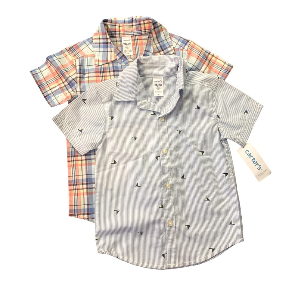 Carter’s NEW Shirts Button Up Bundle (Lot of 2) Short Sleeve 2T Plaid Sailboats